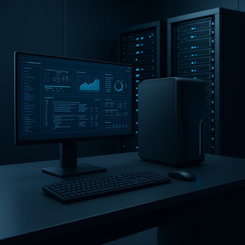 High-performance workstation setup with multiple monitors displaying design software and development environments